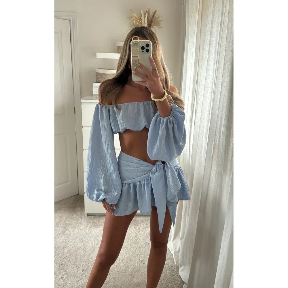 Lola Rae Jilly Co-Ord Blue Two Piece Set Crop Top Ruffle Skirt NWT Size M/L